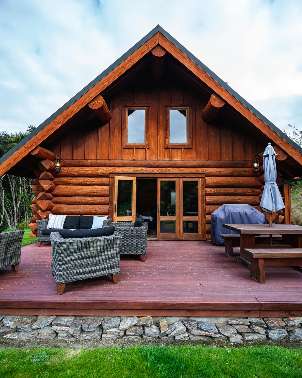 Log cabin and outdoor seating area