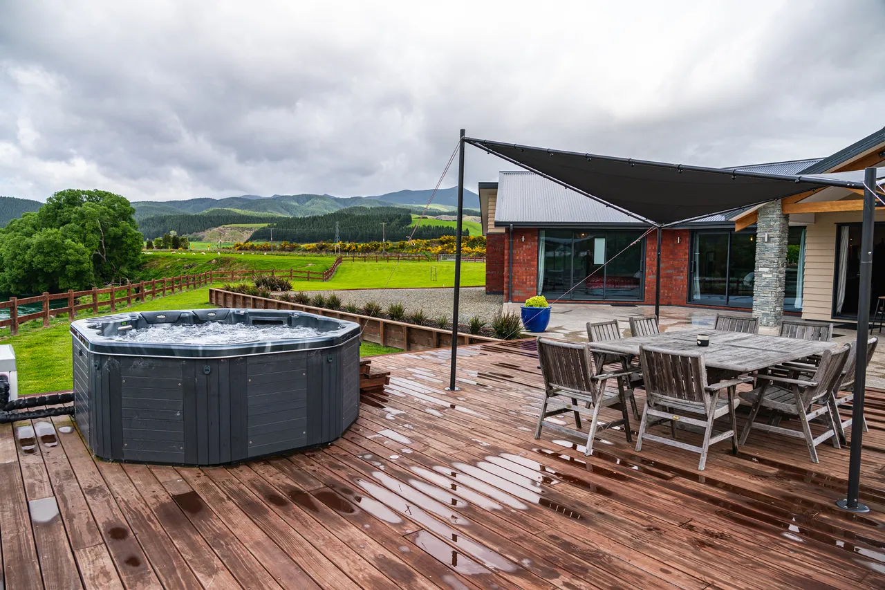 Outdoor seating area and spa