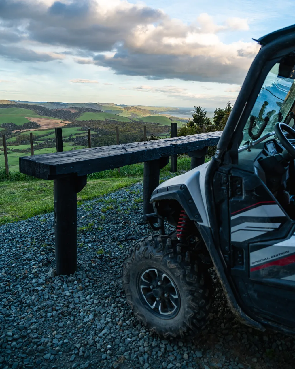 A side by side parked with a view
