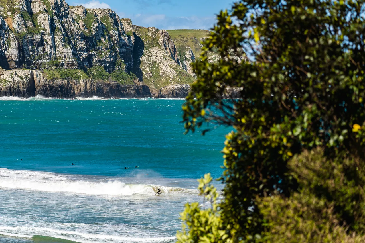 Sea and cliffs and surfer
