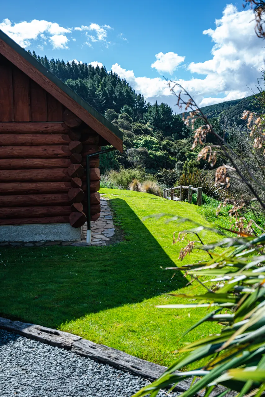 Log cabin on lawn