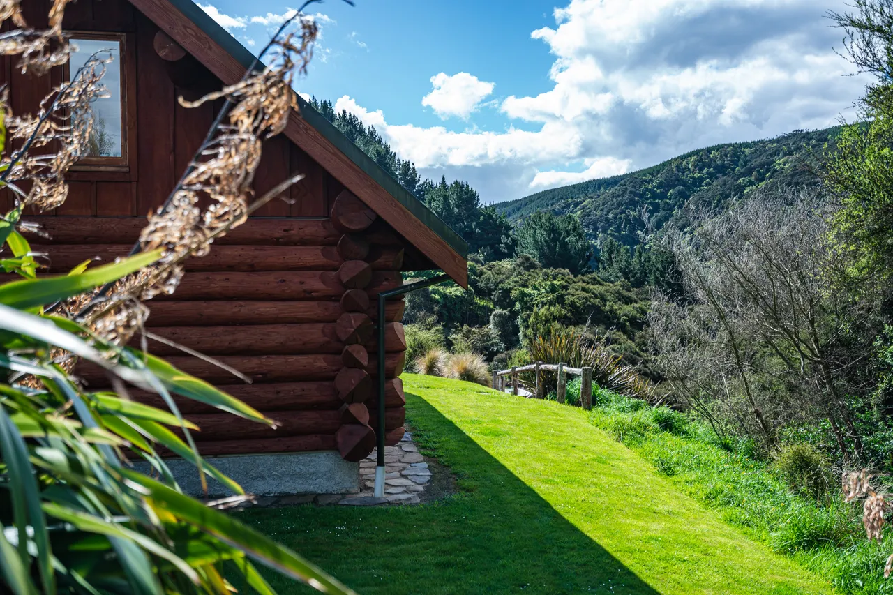 Log cabin on lawn