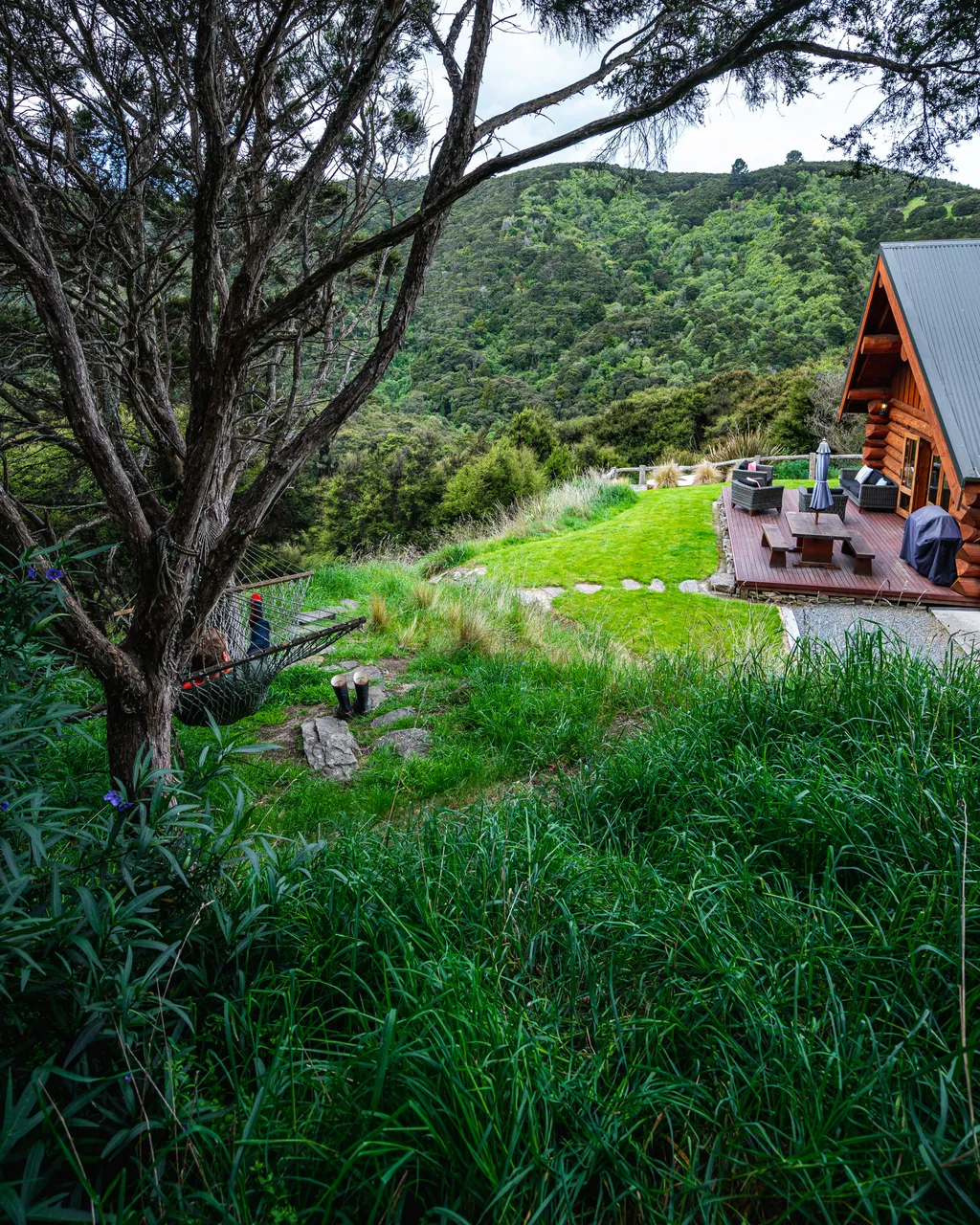 View of log cabin and person in hammock