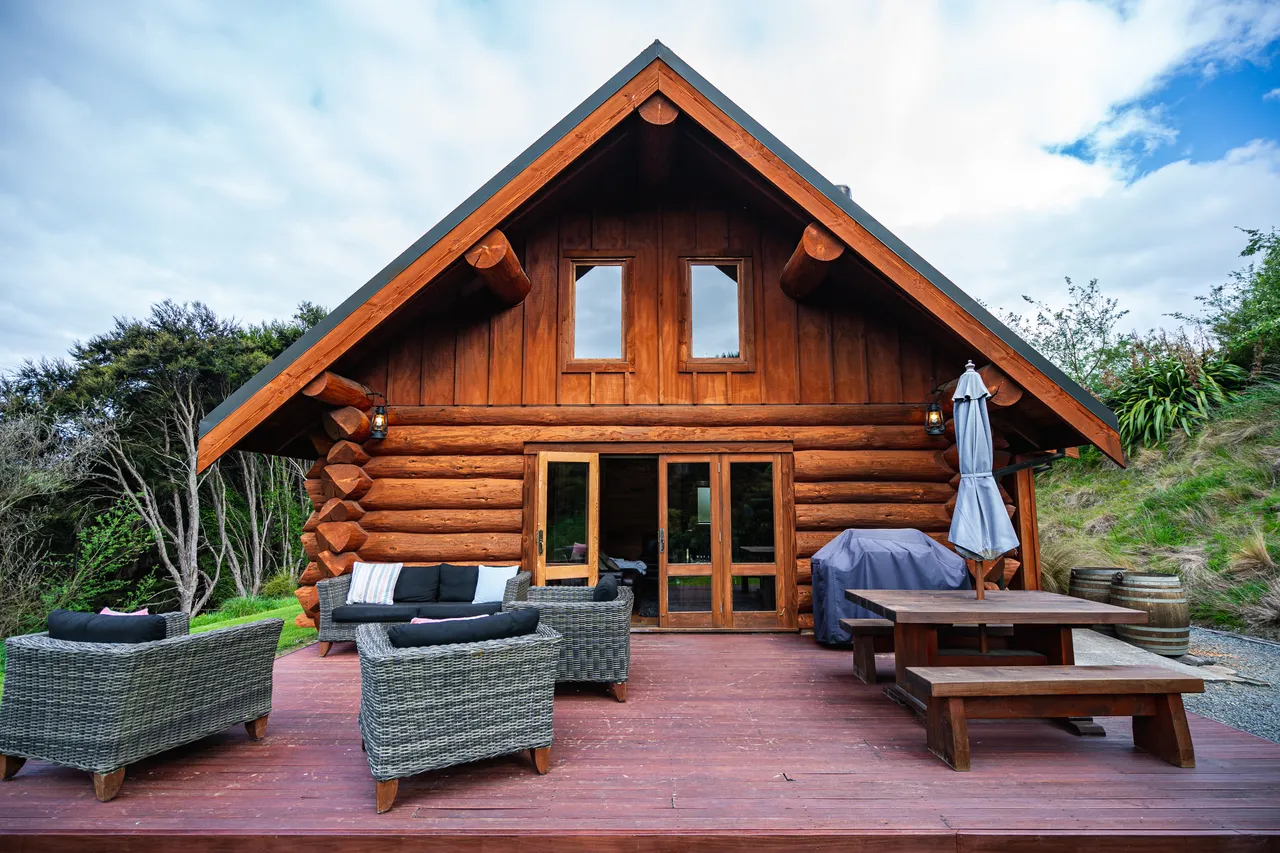 Log cabin and outdoor seating area