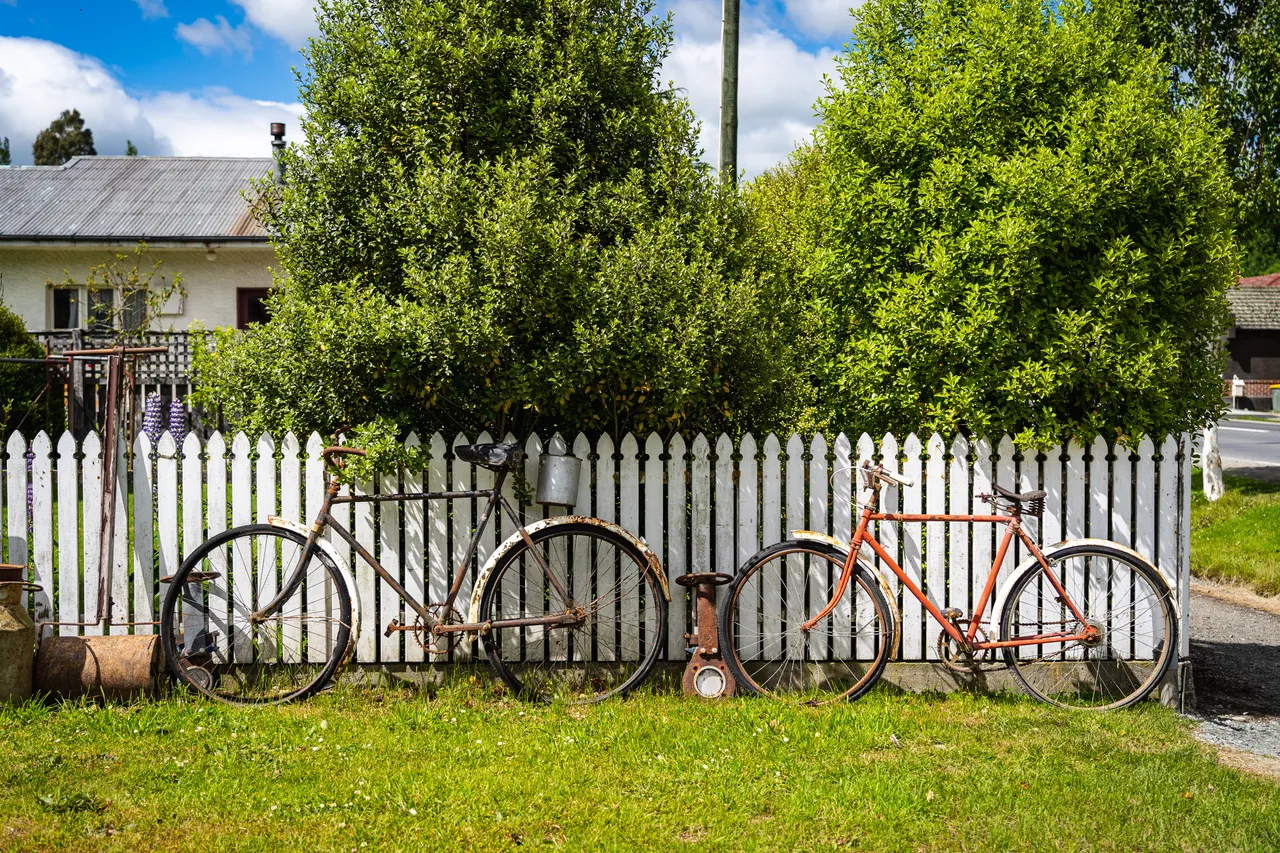 Old bikes by white fence on a lawn