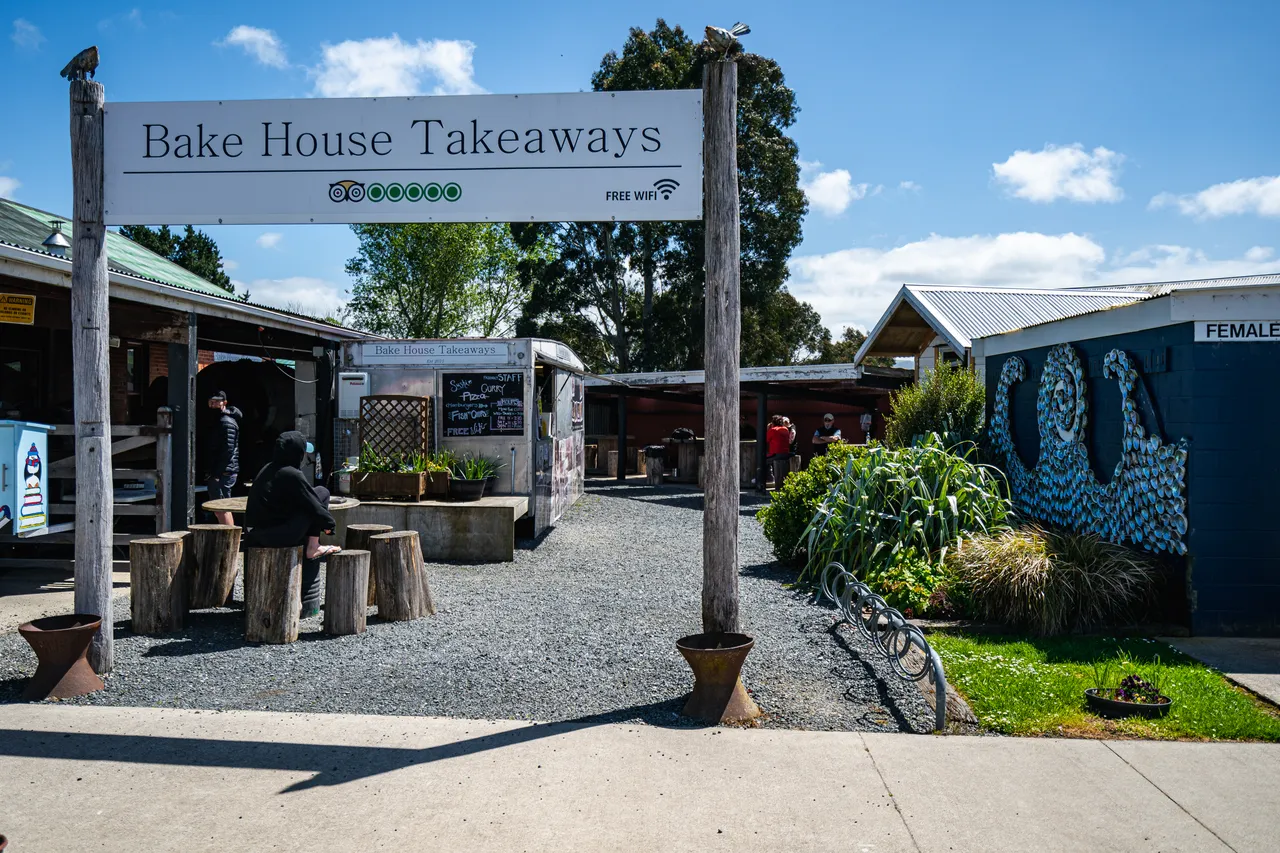 Outdoor seating area and sign