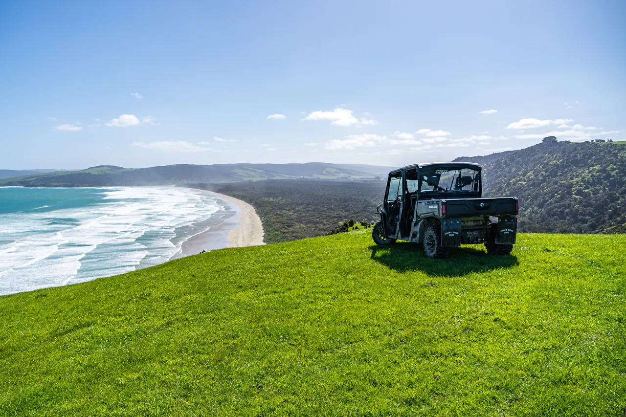 Side by side parked on grass overlooking the sea