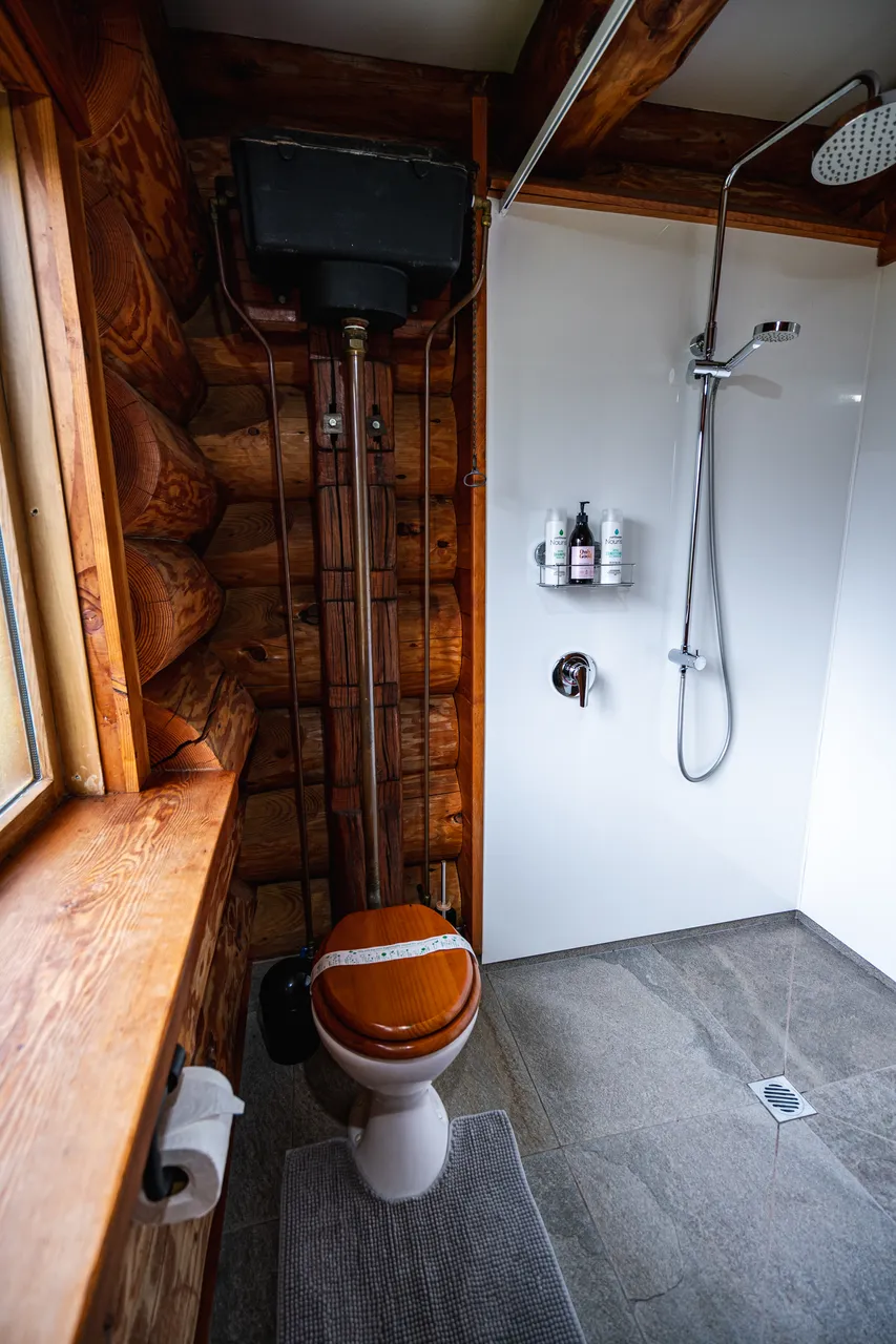 Rustic bathroom with open shower
