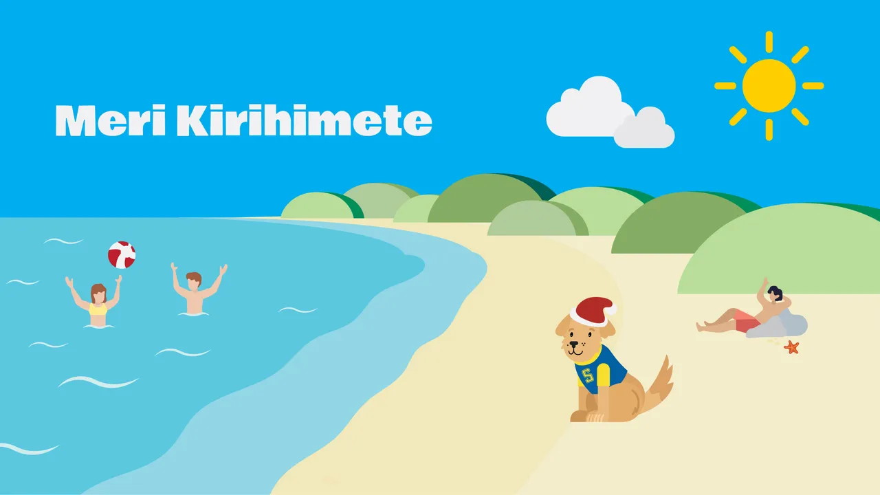 Meri Kirihimete with Stan the Dog at the Beach
