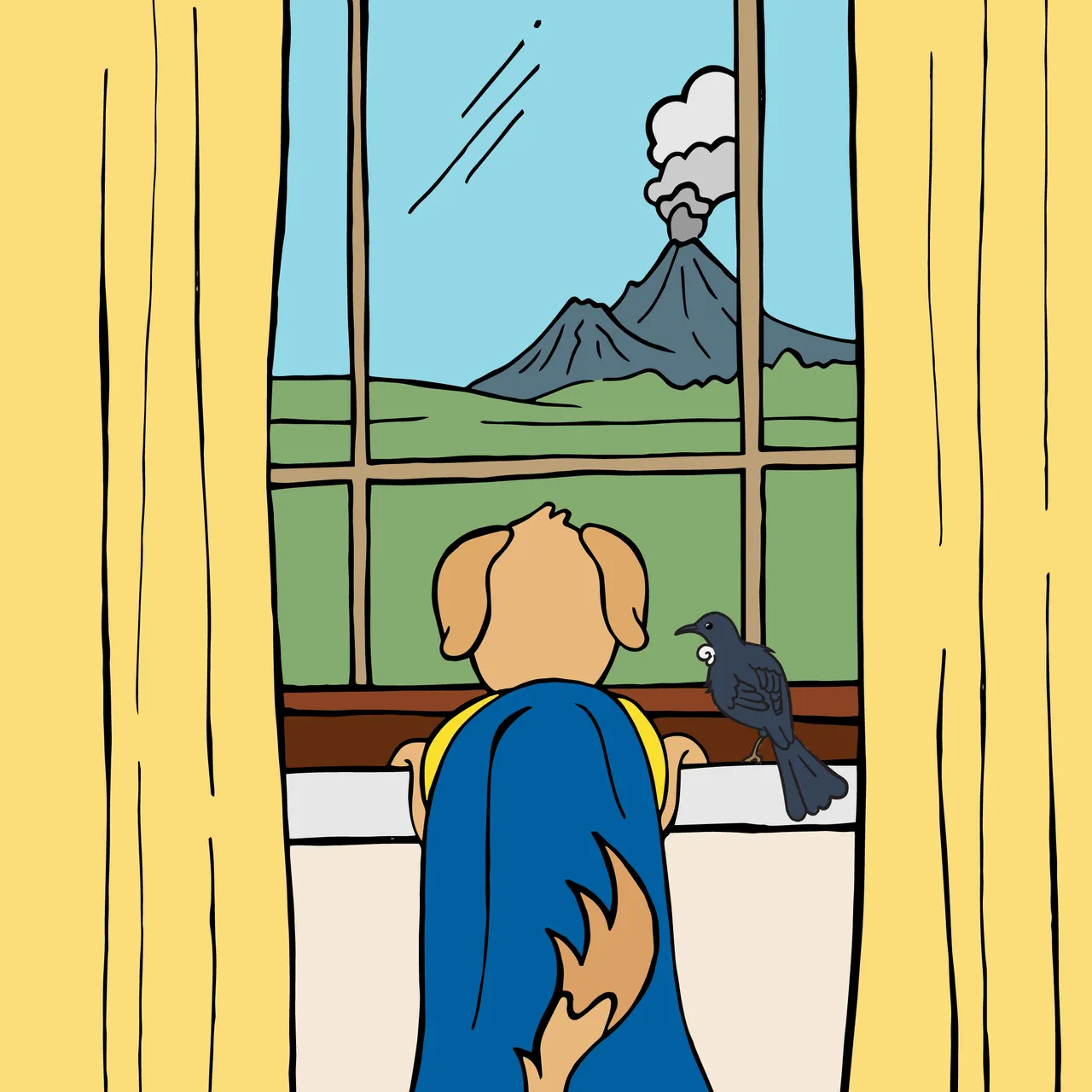Stan the dog watching a volcano - Square social media tile