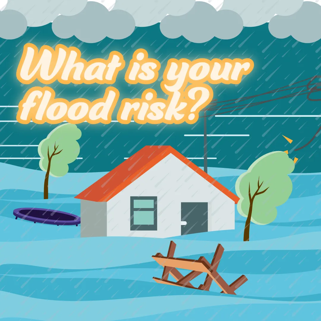 Text reads 'What is your flood risk?'. Below a house in floodwater with a picnic table and a trampoline floating by. A snapped powerline sparks to the side.