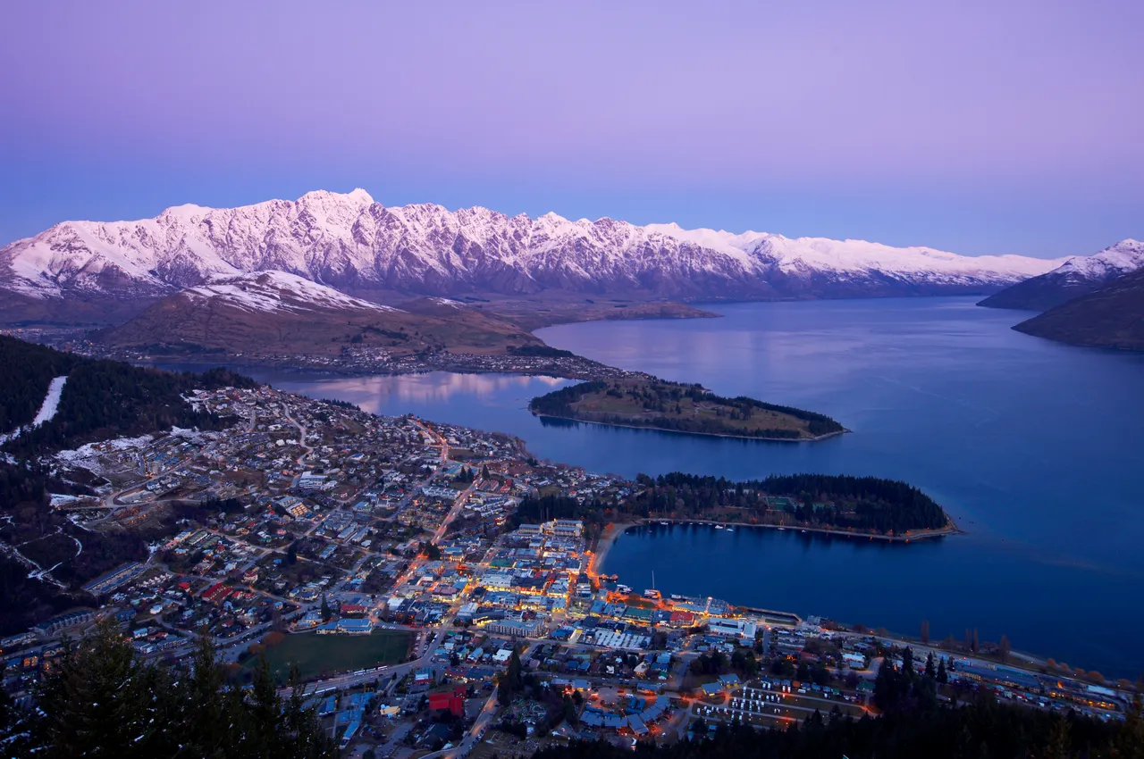 Aerial views of Queenstown at dusk, winter
