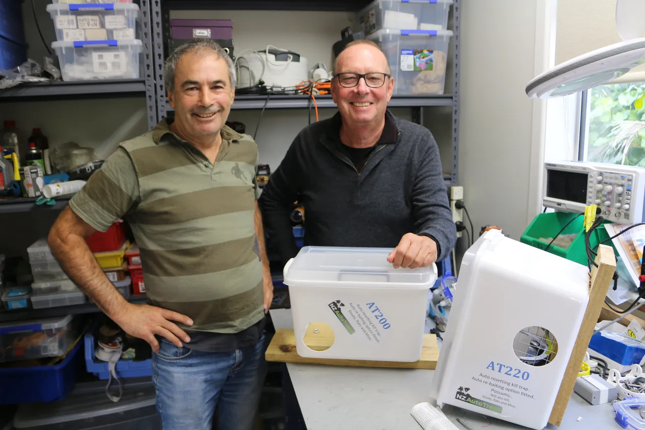 NZ Auto Traps' Kevin Bain and George Campbell with their innovative self-resetting pest trap
