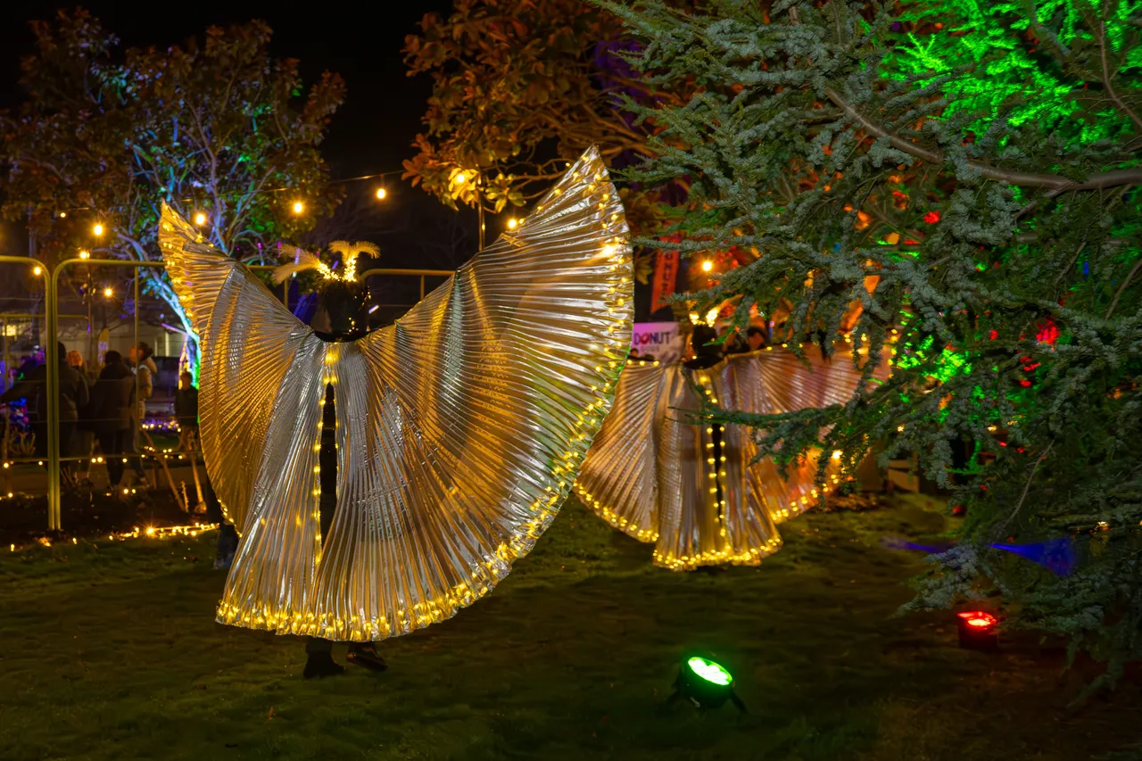 Back of moth performers with wings spread out.