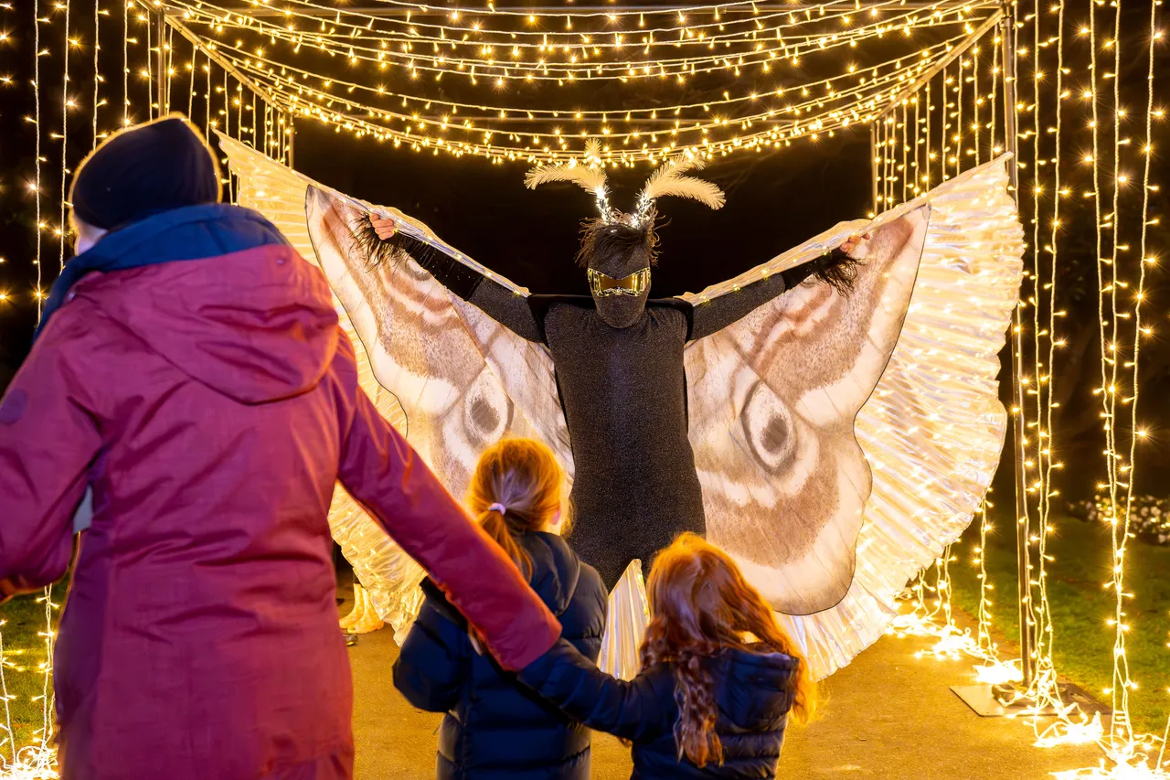 Moth performer standing under light archway with people watching
