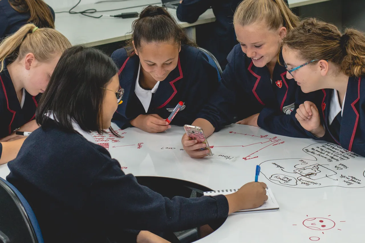 School students working together at school