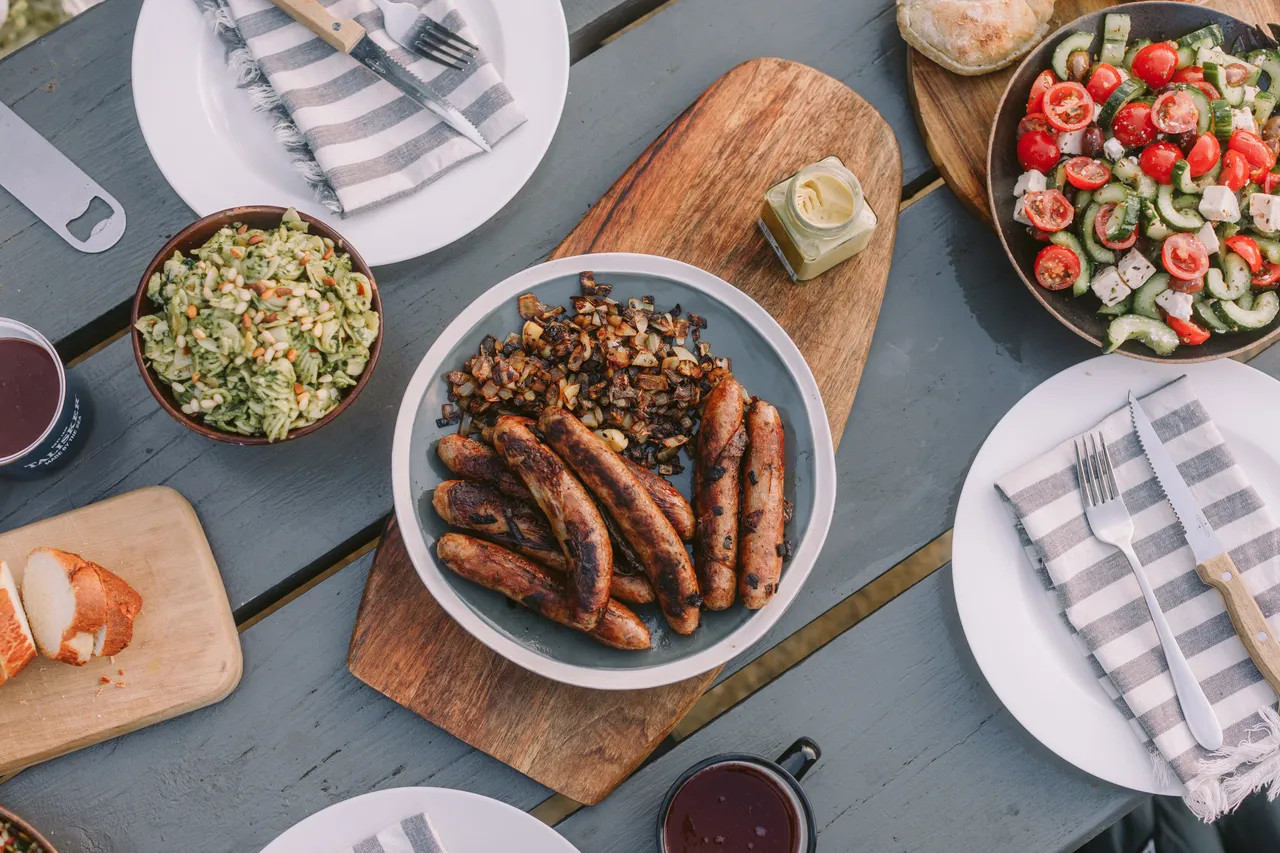 Sausages on Picnic Table