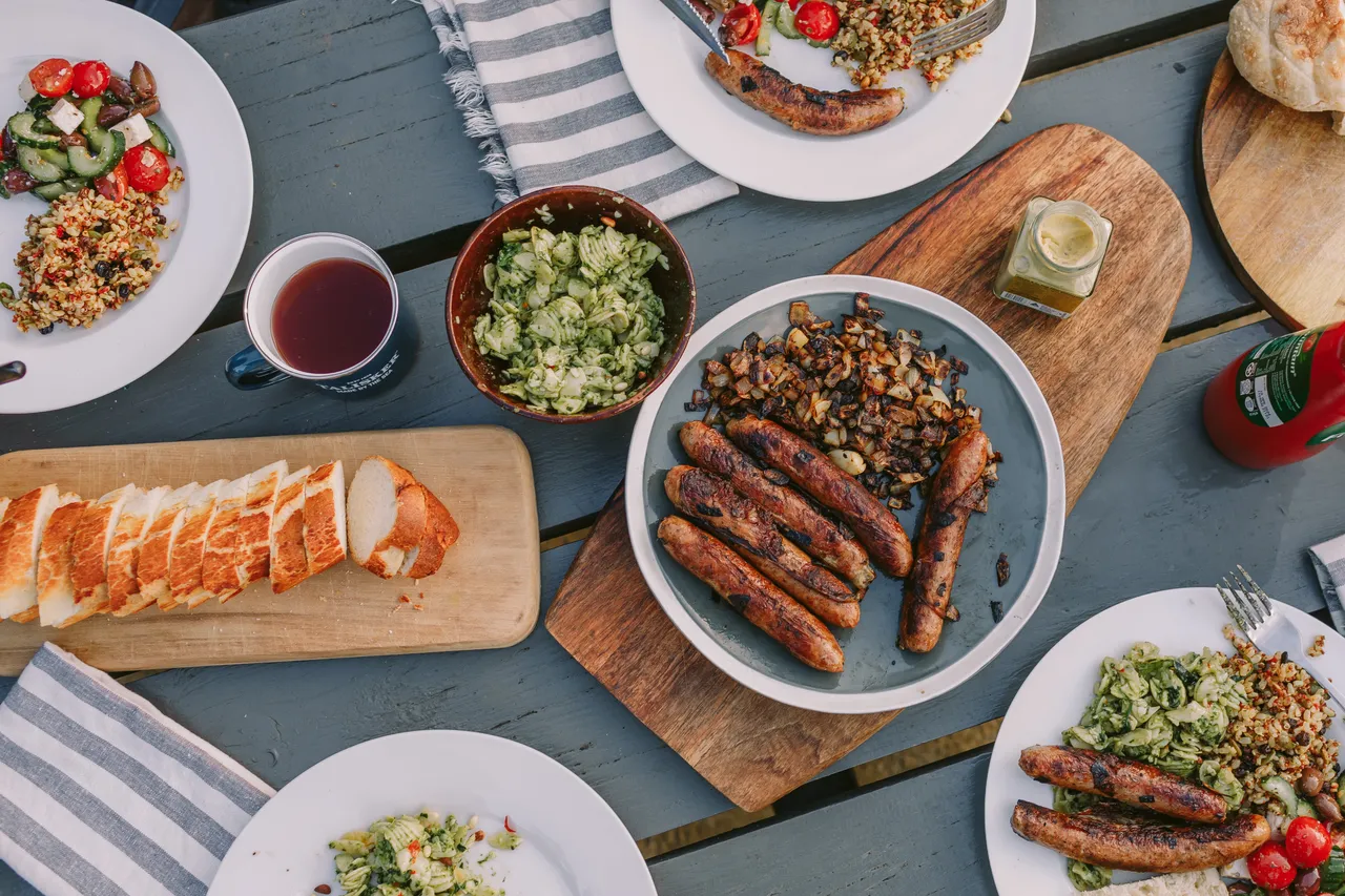 Sausages on Picnic Table