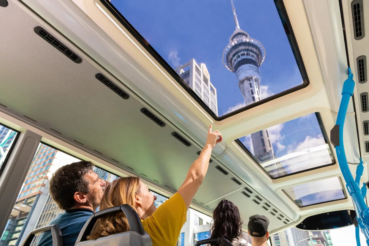 Sky Tower Through Glass Roof - Auckland Explorer Bus