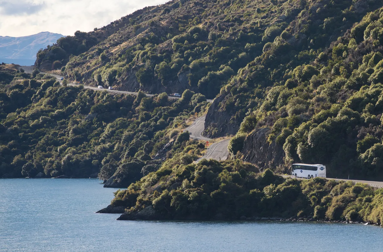 Gray Line coach passing Lake Hawea