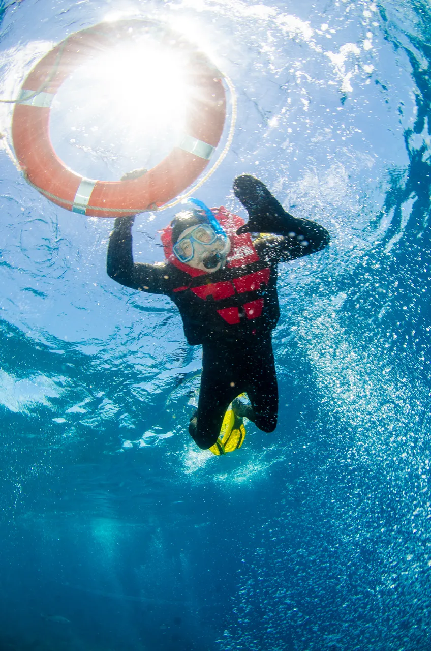 European male snorkeling with a life buoy