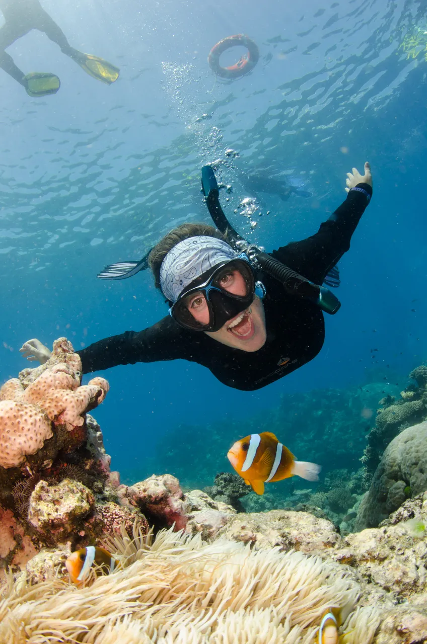 European man swimming near a coral with Clown fishes
