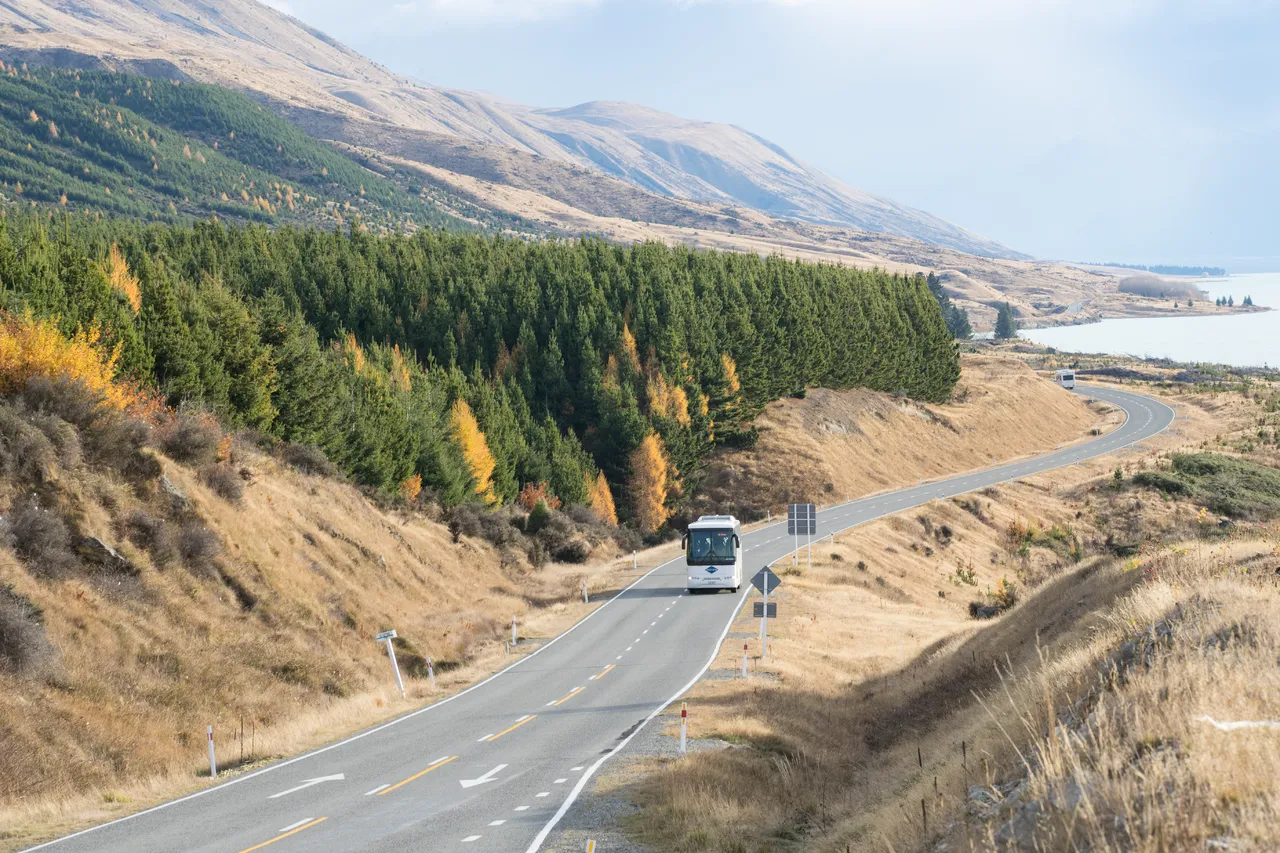 Gray Line coach driving along Lake Pukaki