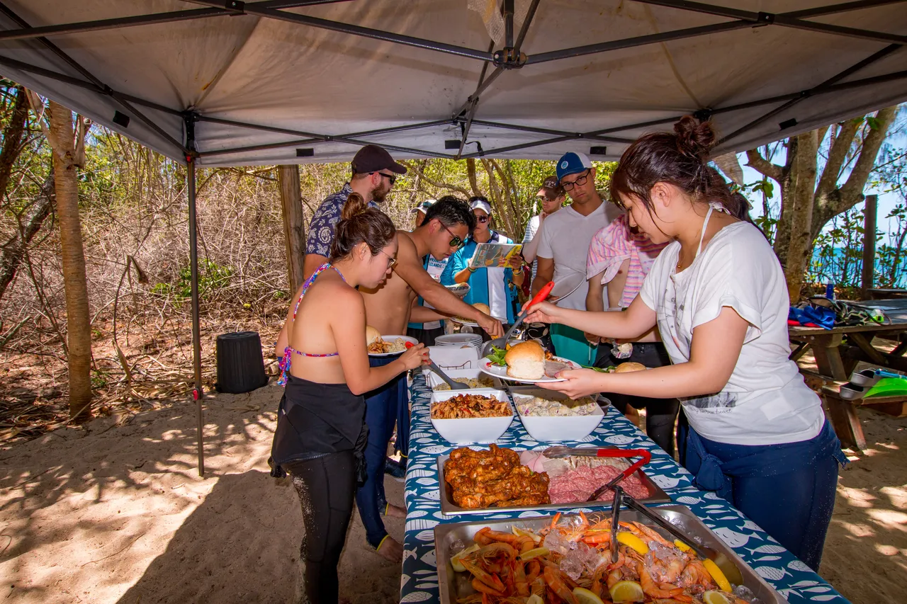 Passengers with tropical buffet lunch served on the beach