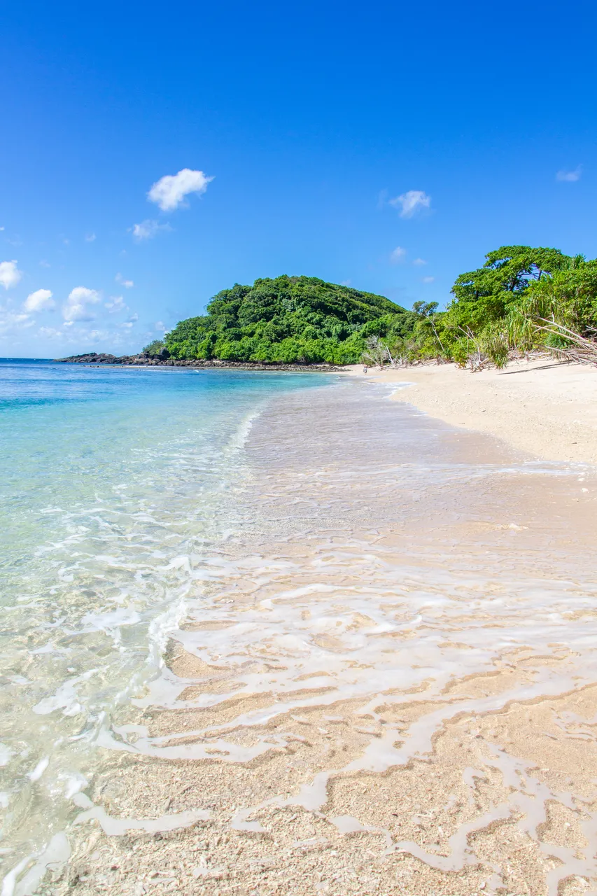 Sandy beach on Normanby Island with rainforest in distance