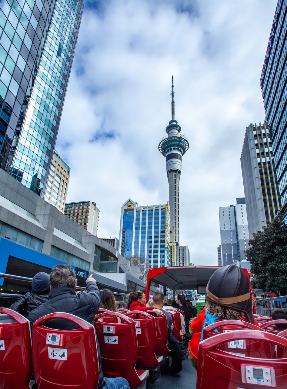 Soaring Kiwi Open Top Bus Looking At Sky Tower - Auckland Explorer Bus
