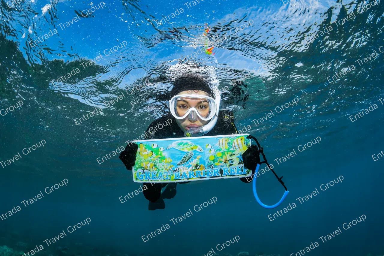 Snorkeler just under the surface holds up a Great Barrier Reef sign