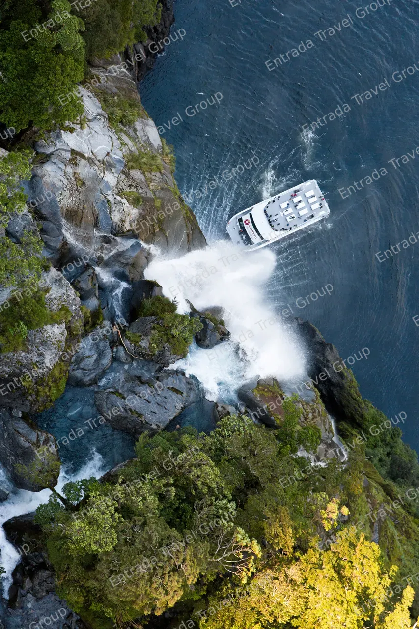 Nature-Cruise-Spirit-of-Milford-under-Waterfall-from-Above-print