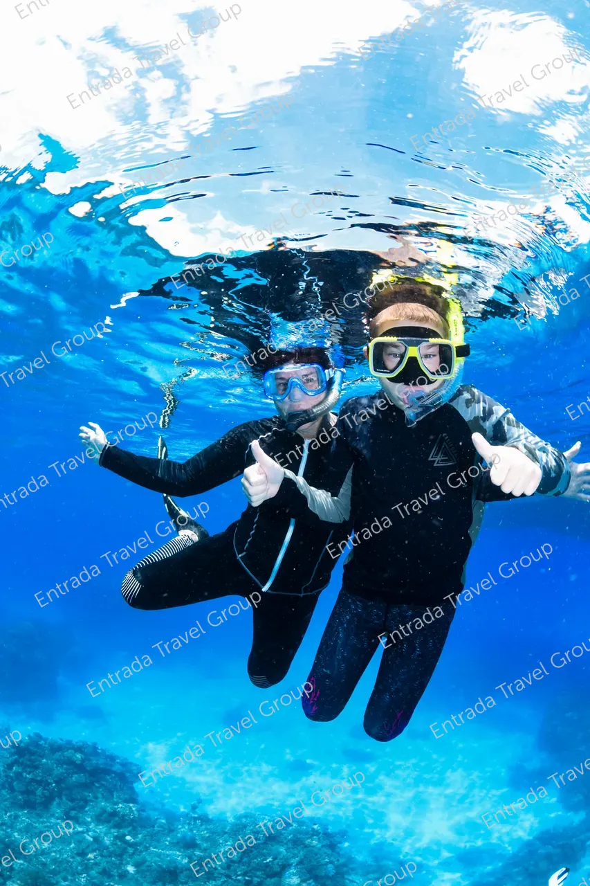 Parent and child snorkel in the Great Barrier Reef