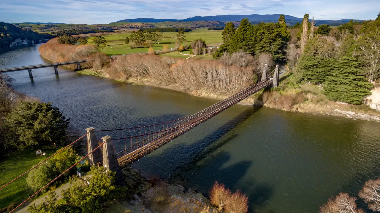 Clifden Suspension Bridge - Southland, New Zealand - Credit Videocopter