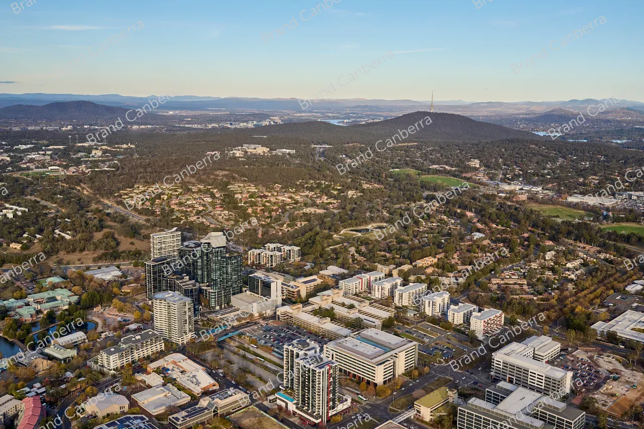 An aerial view over Canberra's Belconnen town centre and suburban homes