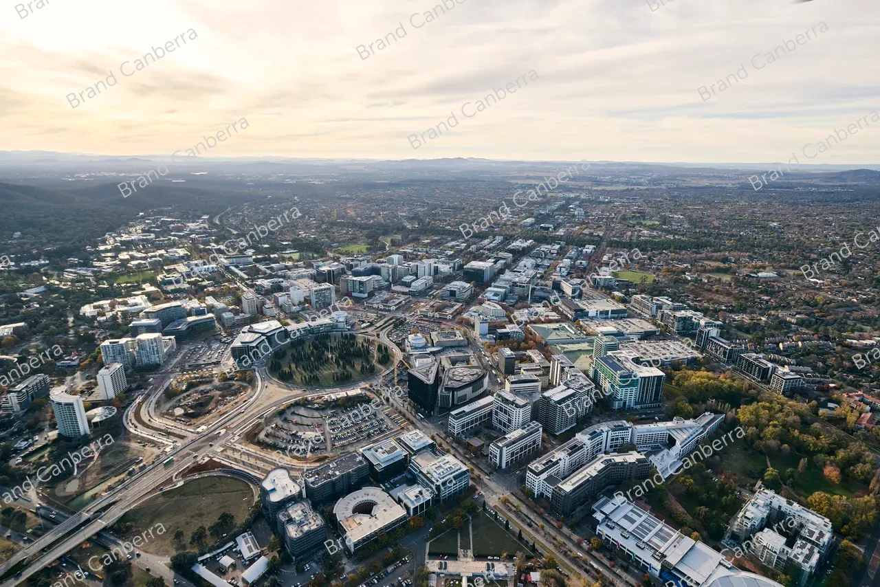 An aerial view over Canberra CBD facing north west with City Hill in view
