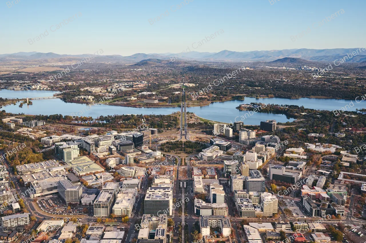 An aerial view over Canberra CBD facing south with Australia's Parliament House in view