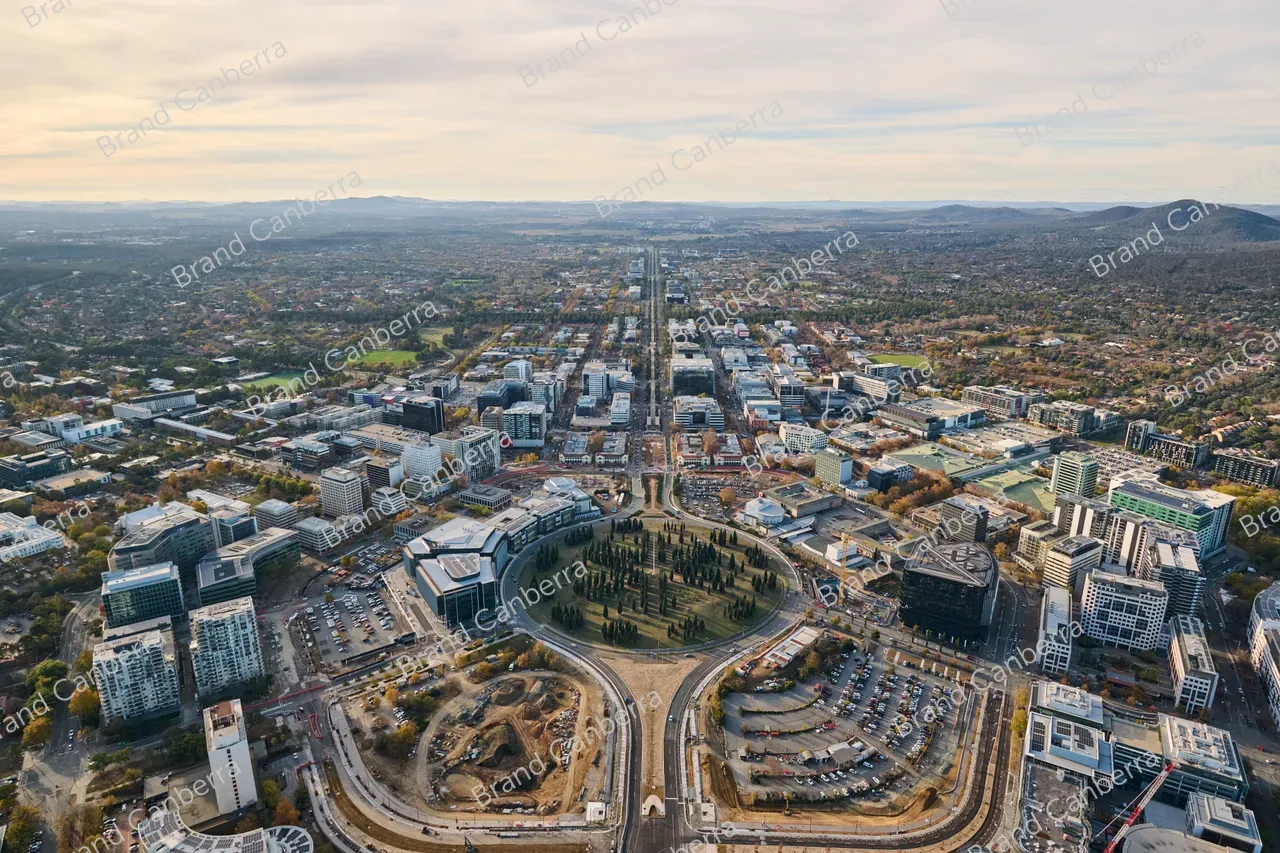 An aerial view over Canberra along Northbourne Avenue from Commonwealth Avenue bridge