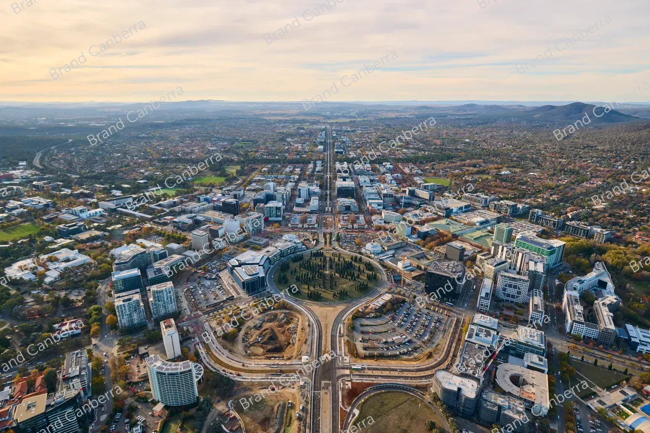 An aerial view over Canberra CBD facing north with City Hill in view