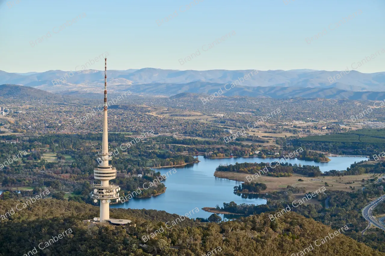 An aerial view over Canberra facing south with Telstra Tower in view