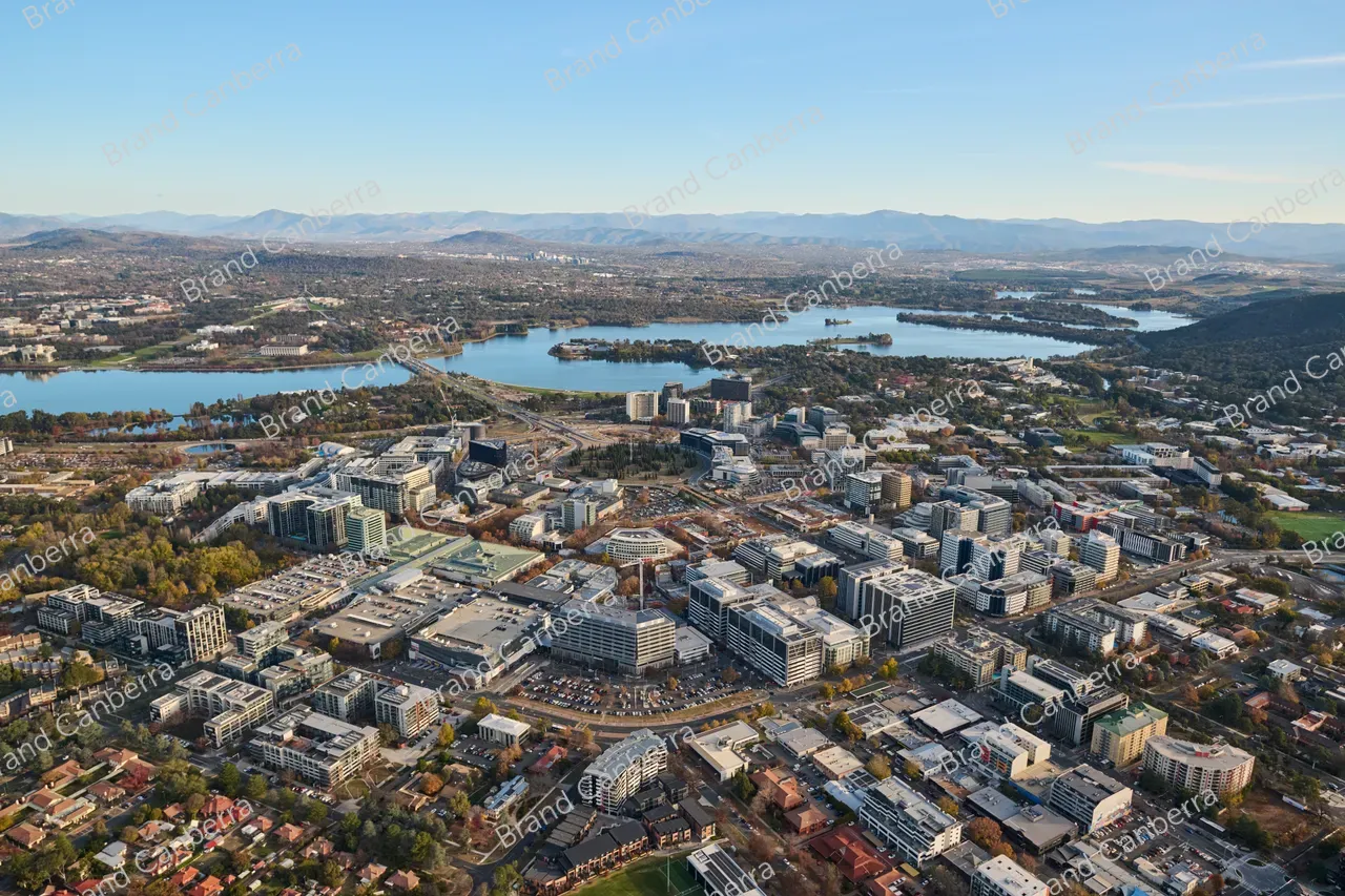 An aerial view over Canberra CBD facing west with Lake Burley Griffin in view