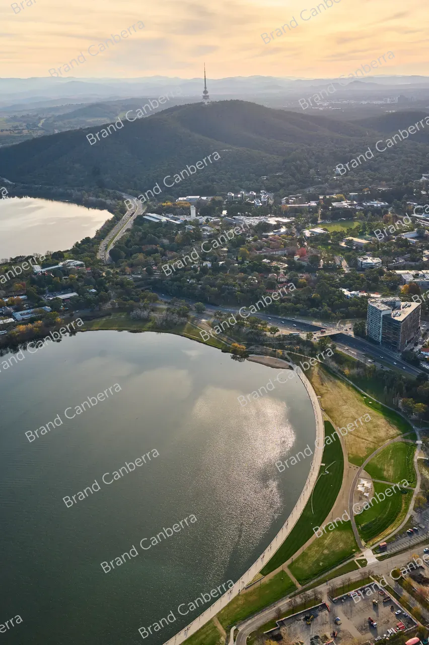 An aerial view over Canberra's Acton waterfront with Telstra Tower in view