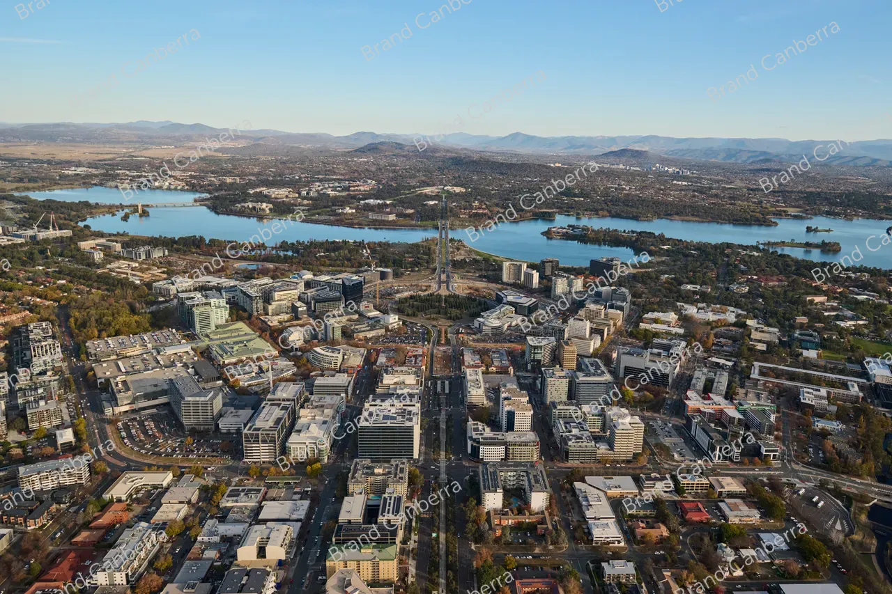 An aerial view over Canberra CBD facing south with Australia's Parliament House in view