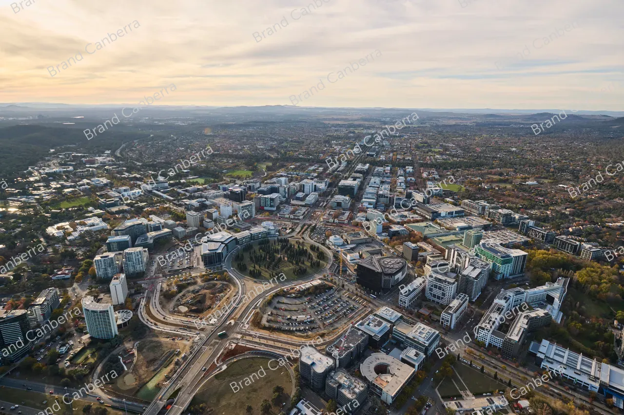 An aerial view over Canberra CBD facing north with City Hill in view
