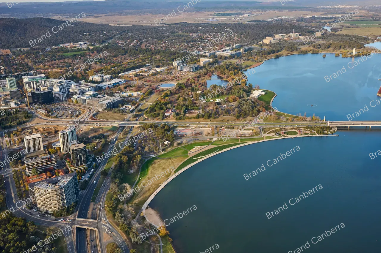 An aerial view over Canberra with Acton Waterfront and Henry Rolland Park in view (3)