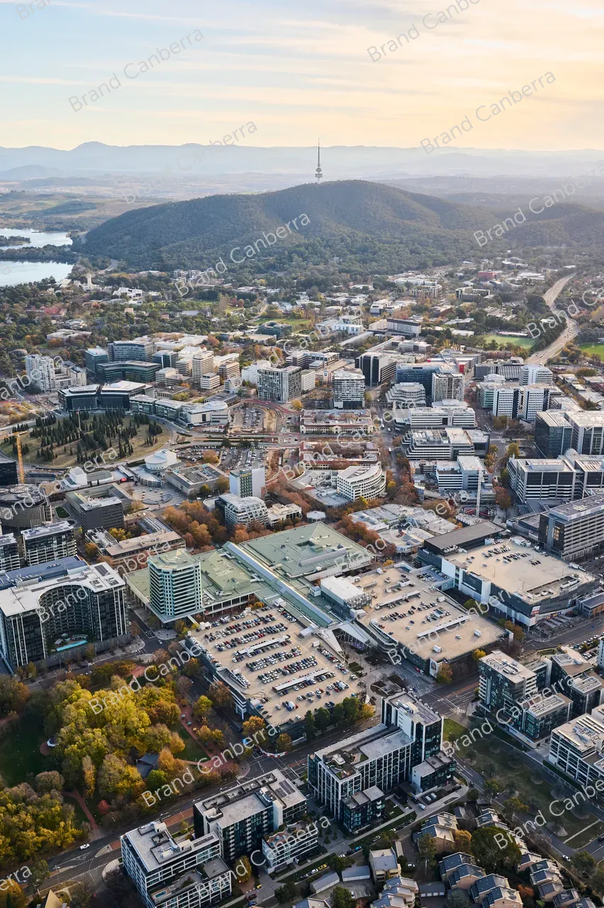 An aerial view over Canberra CBD with Telstra Tower in view