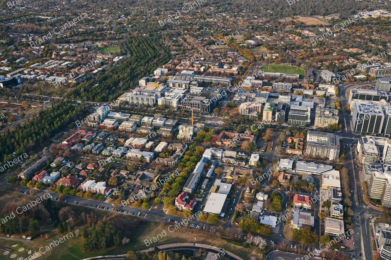 An aerial view over Canberra suburb Turner, with Haig Park left of the image