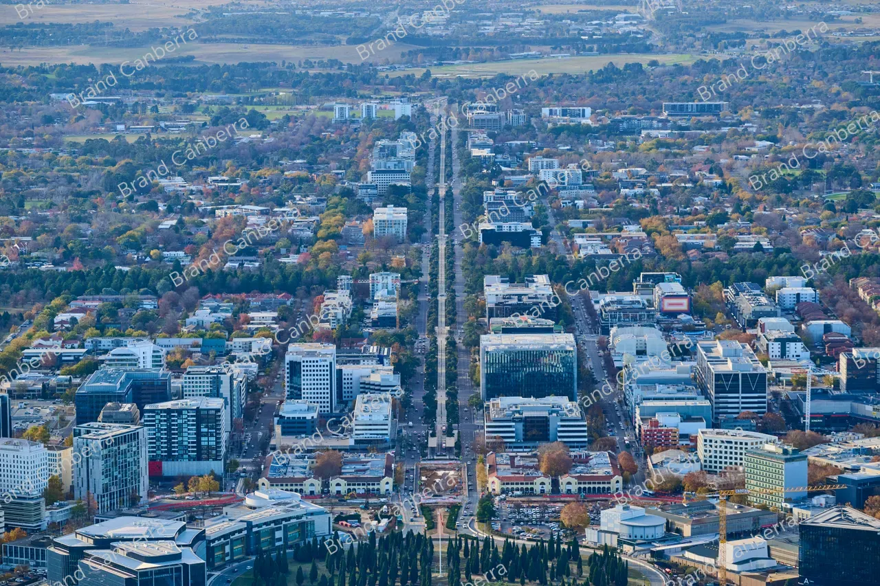 An aerial view over Canberra's Northbourne Avenue