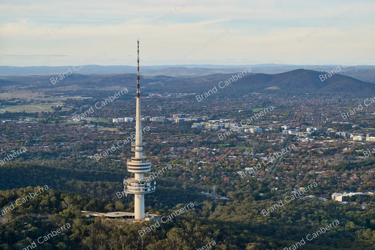 An aerial view over Canberra facing north east with Telstra Tower in view
