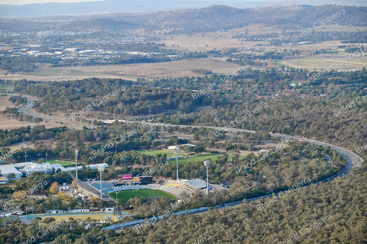 An aerial view over Canberra facing north east with GIO stadium in Bruce in view